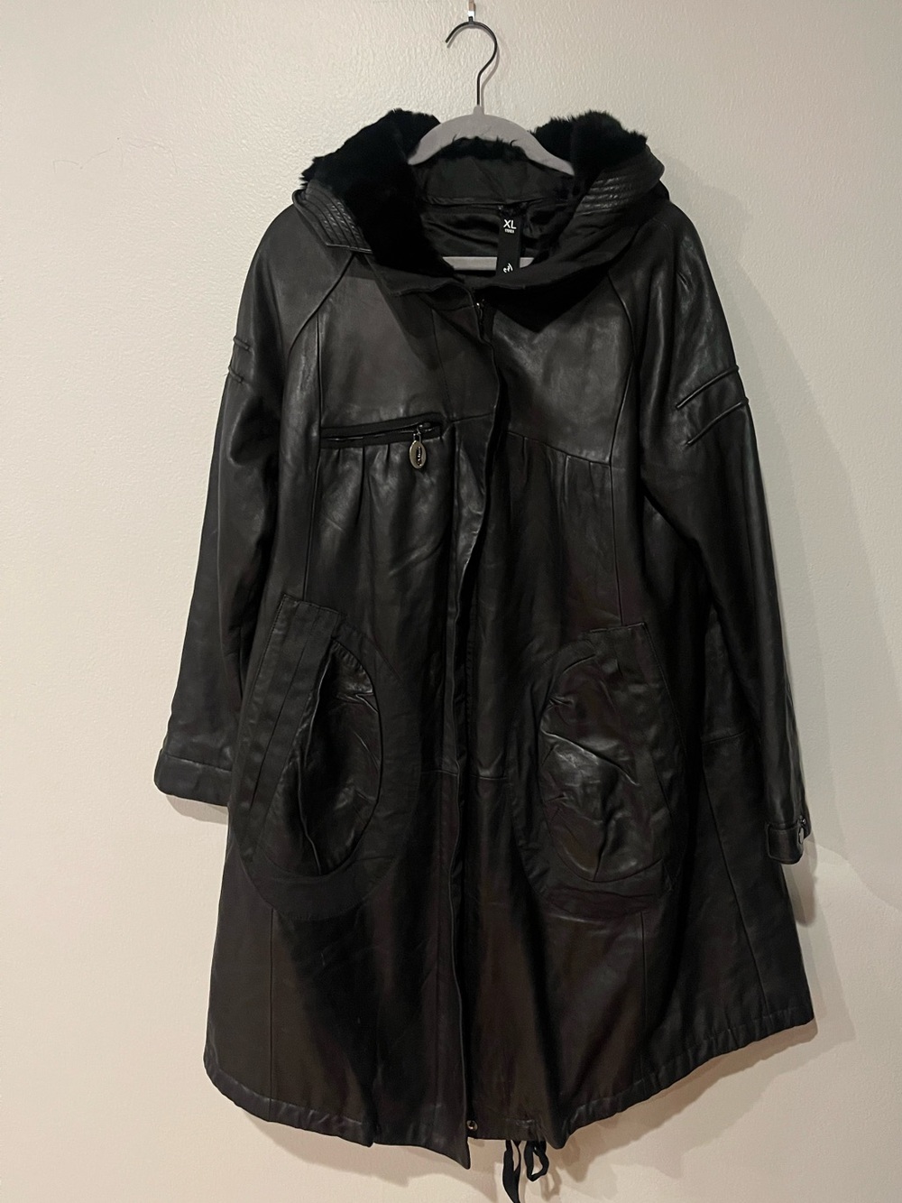 Simone C Black Sheepskin Leather Rabbit Fur Hooded Coat XL